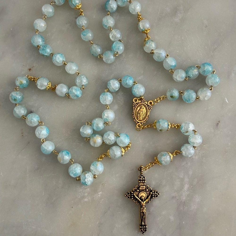 Elegant Gold and Light Blue Glass Beaded Rosary Necklace